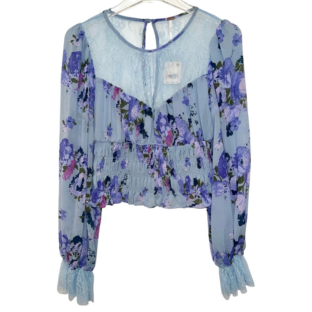 Free People Daphne Floral Lace Blouse Blue Combo NWT Small - Picture 6 of 13